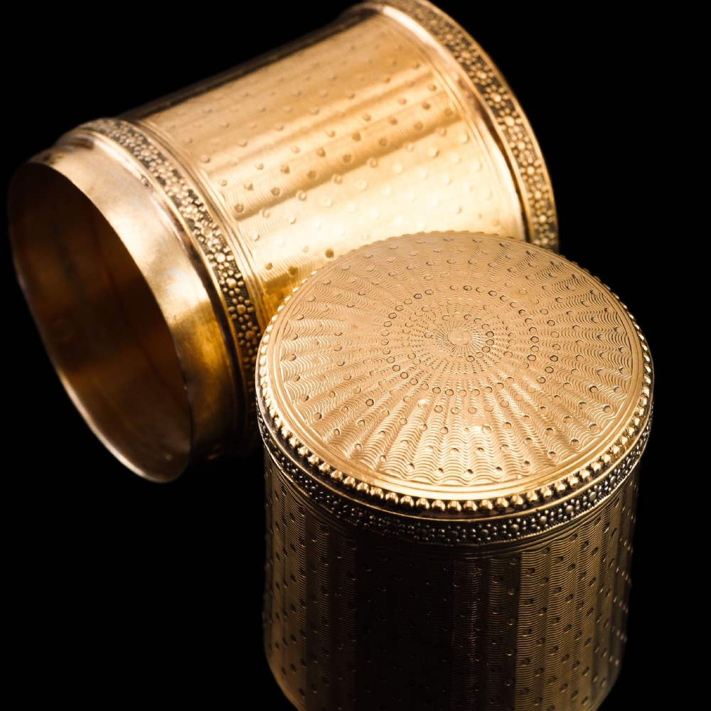 A small cylindrical French silver gilt etui featuring intricate engine-turned guilloche wave patterns and textured borders. View XIV