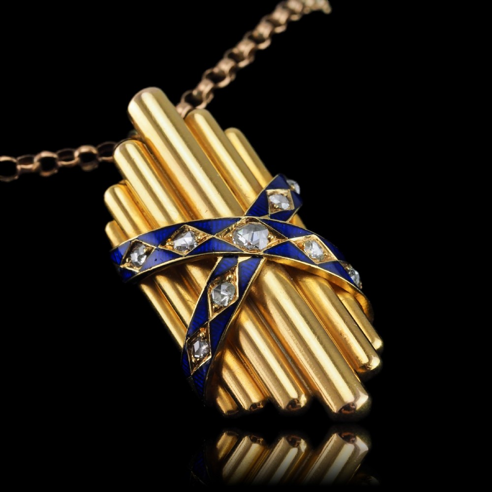 A Victorian 18K yellow gold pendant featuring vertical fluted bars encased by blue enamel cross-bands set with rose-cut diamonds. View XII