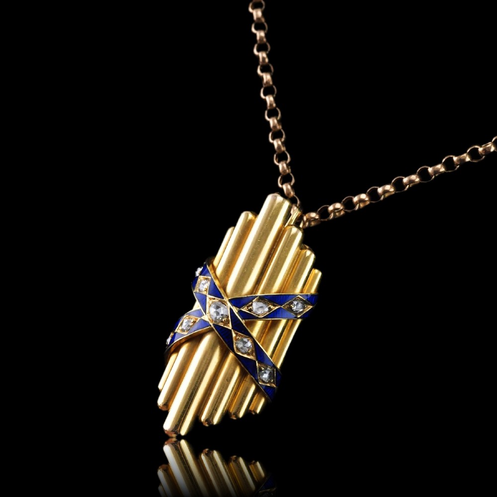 A Victorian 18K yellow gold pendant featuring vertical fluted bars encased by blue enamel cross-bands set with rose-cut diamonds. View XIII