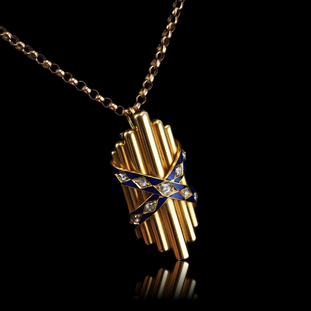 A Victorian 18K yellow gold pendant featuring vertical fluted bars encased by blue enamel cross-bands set with rose-cut diamonds. View XIV