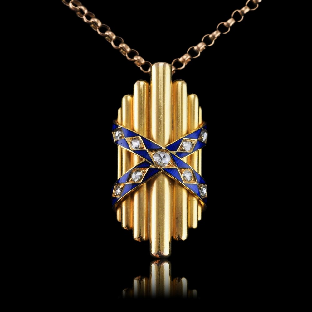 A Victorian 18K yellow gold pendant featuring vertical fluted bars encased by blue enamel cross-bands set with rose-cut diamonds. View XV