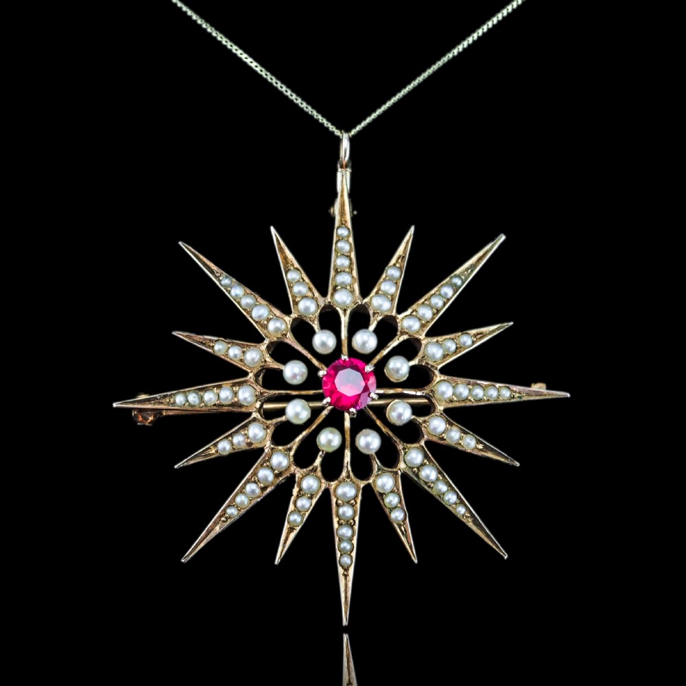 Antique Victorian Ruby & Pearl Star Pendant Necklace Brooch 14K Gold - c.1890