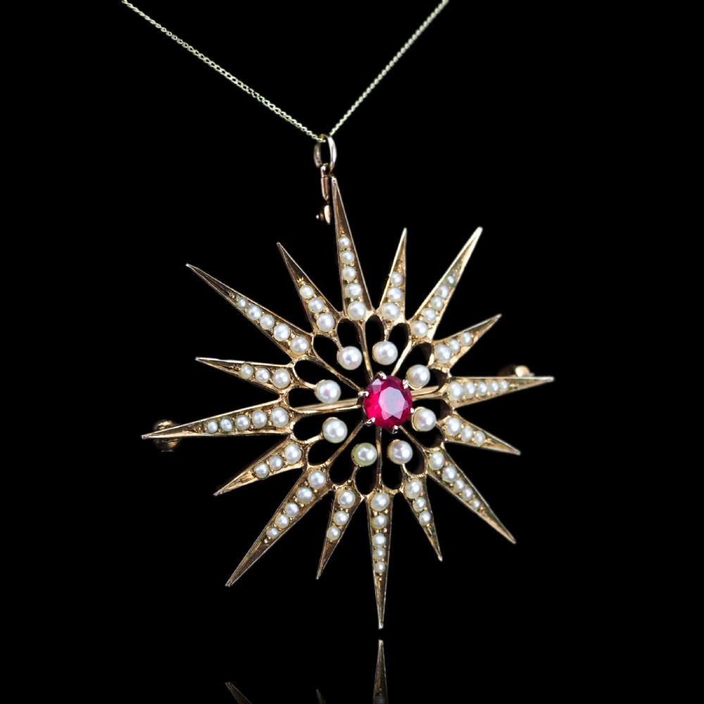 Antique Victorian Ruby & Pearl Star Pendant Necklace Brooch 14K Gold - c.1890 View II