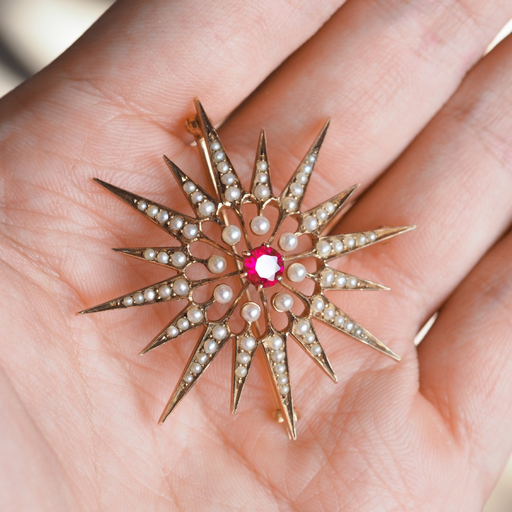 Antique Victorian Ruby & Pearl Star Pendant Necklace Brooch 14K Gold - c.1890 View V