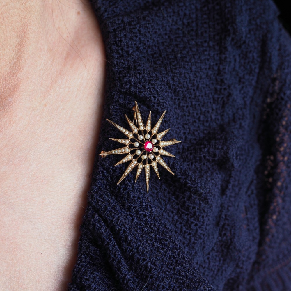 Antique Victorian Ruby & Pearl Star Pendant Necklace Brooch 14K Gold - c.1890 View VII