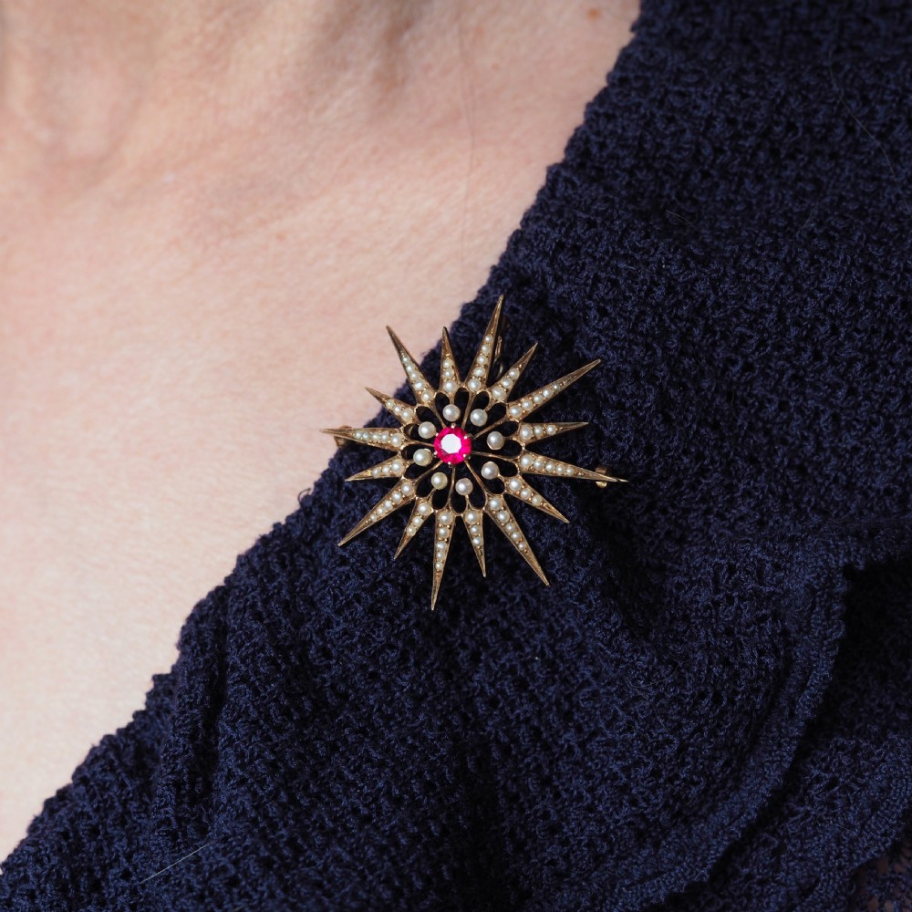 Antique Victorian Ruby & Pearl Star Pendant Necklace Brooch 14K Gold - c.1890 View VIII