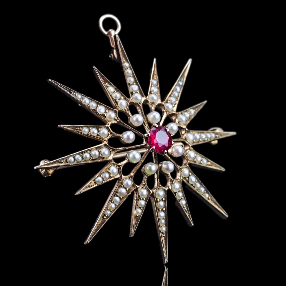 Antique Victorian Ruby & Pearl Star Pendant Necklace Brooch 14K Gold - c.1890 View X
