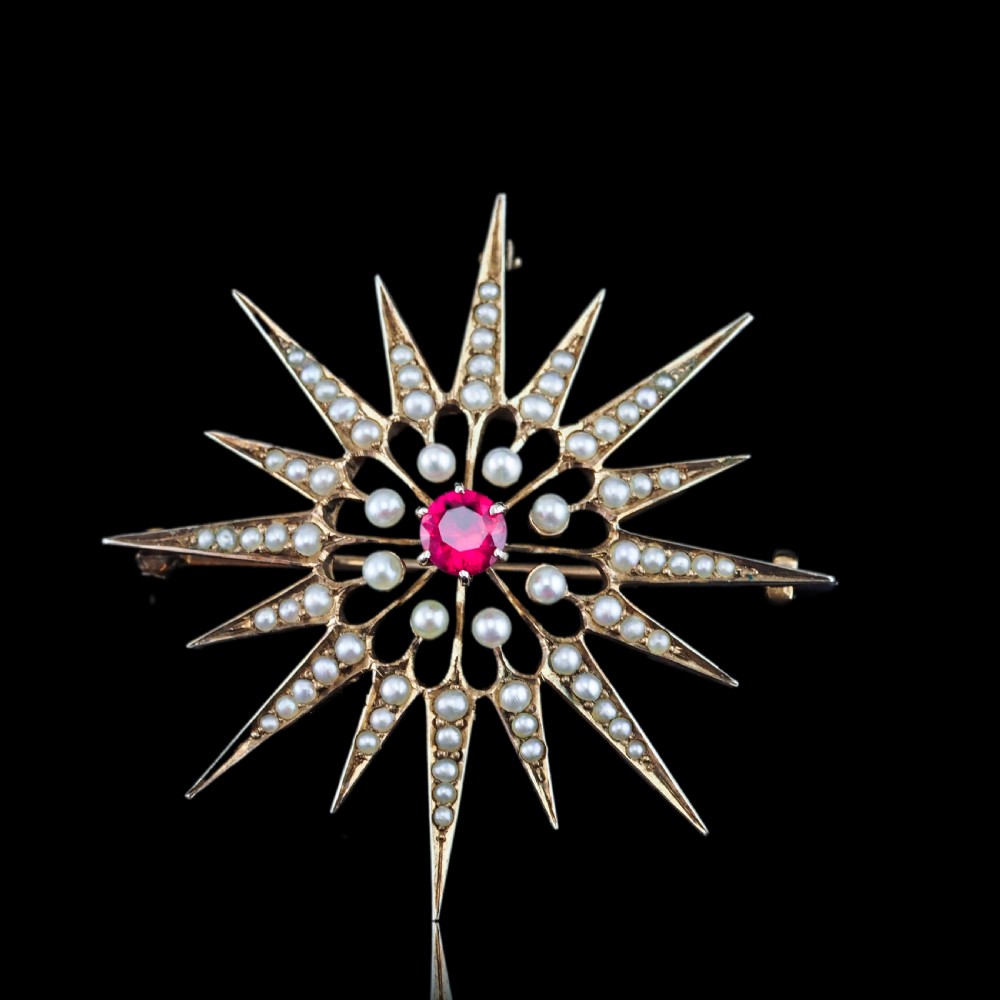 Antique Victorian Ruby & Pearl Star Pendant Necklace Brooch 14K Gold - c.1890 View XI