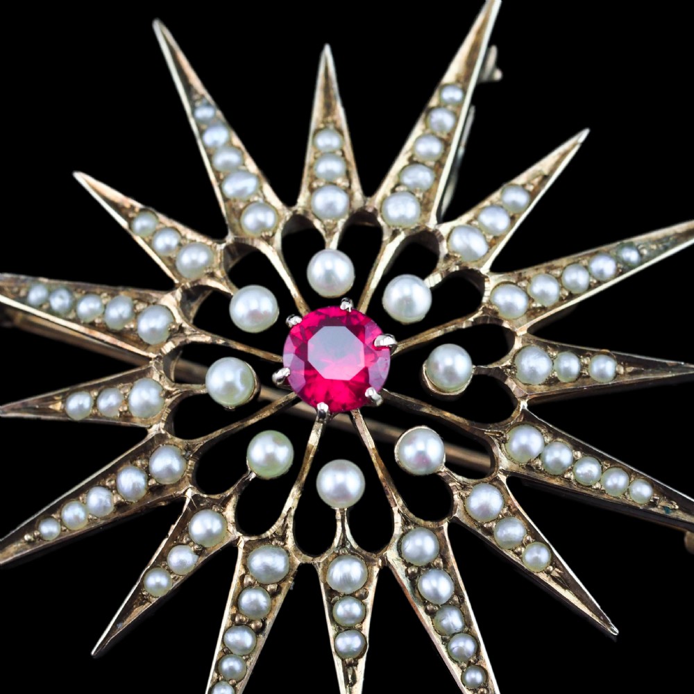 Antique Victorian Ruby & Pearl Star Pendant Necklace Brooch 14K Gold - c.1890 View XII