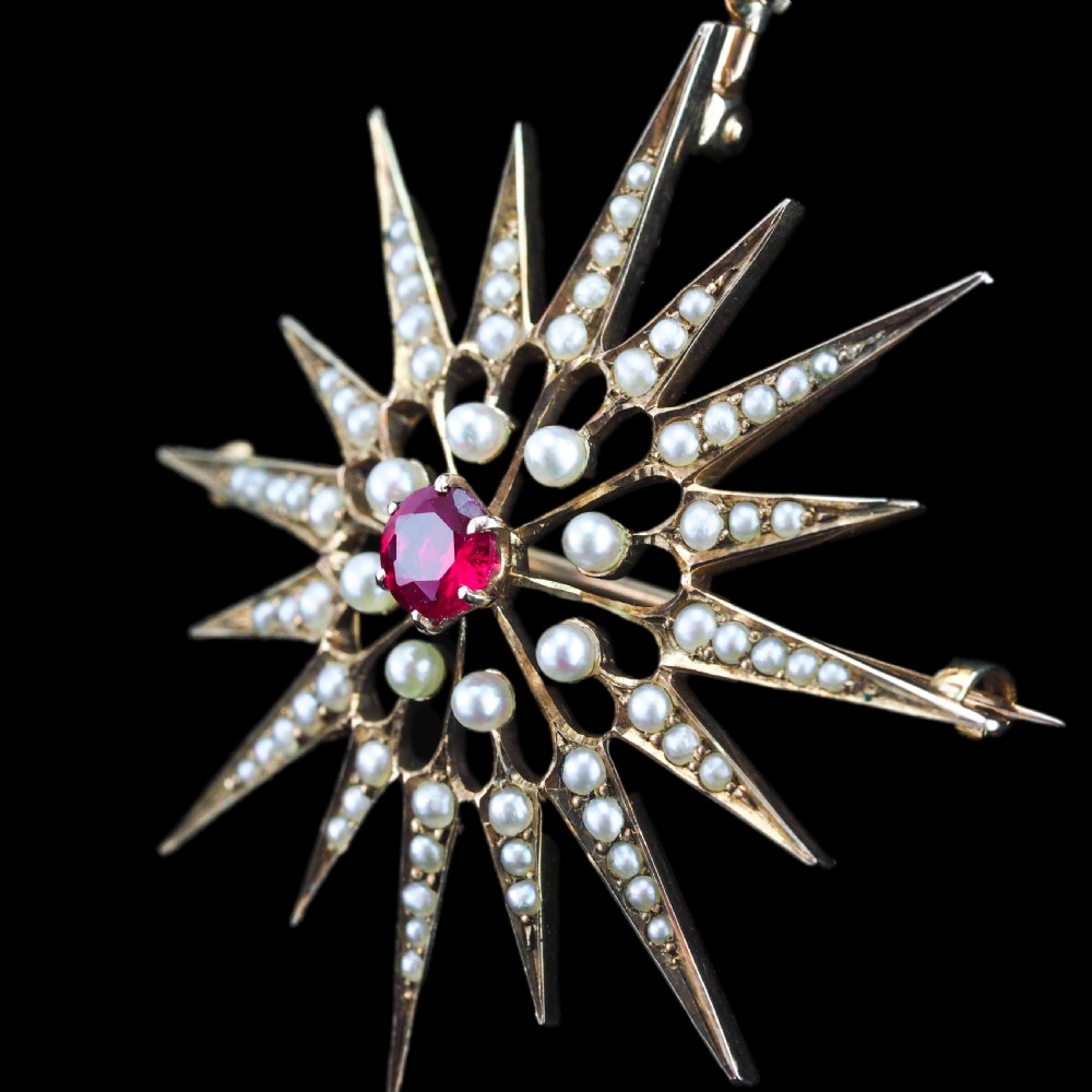 Antique Victorian Ruby & Pearl Star Pendant Necklace Brooch 14K Gold - c.1890 View XV