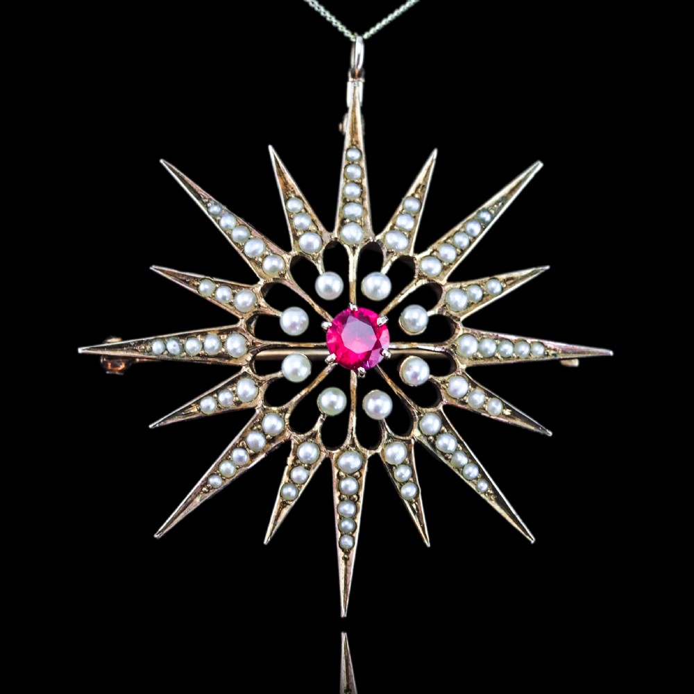 Antique Victorian Ruby & Pearl Star Pendant Necklace Brooch 14K Gold - c.1890 View XVI