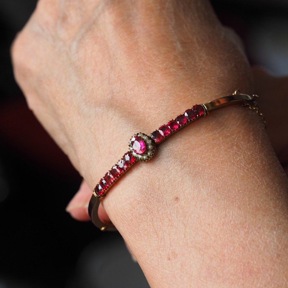 Antique Victorian/Edwardian Pink Garnet & Seed Pearl Bangle 9K Gold - c.1900 View VI