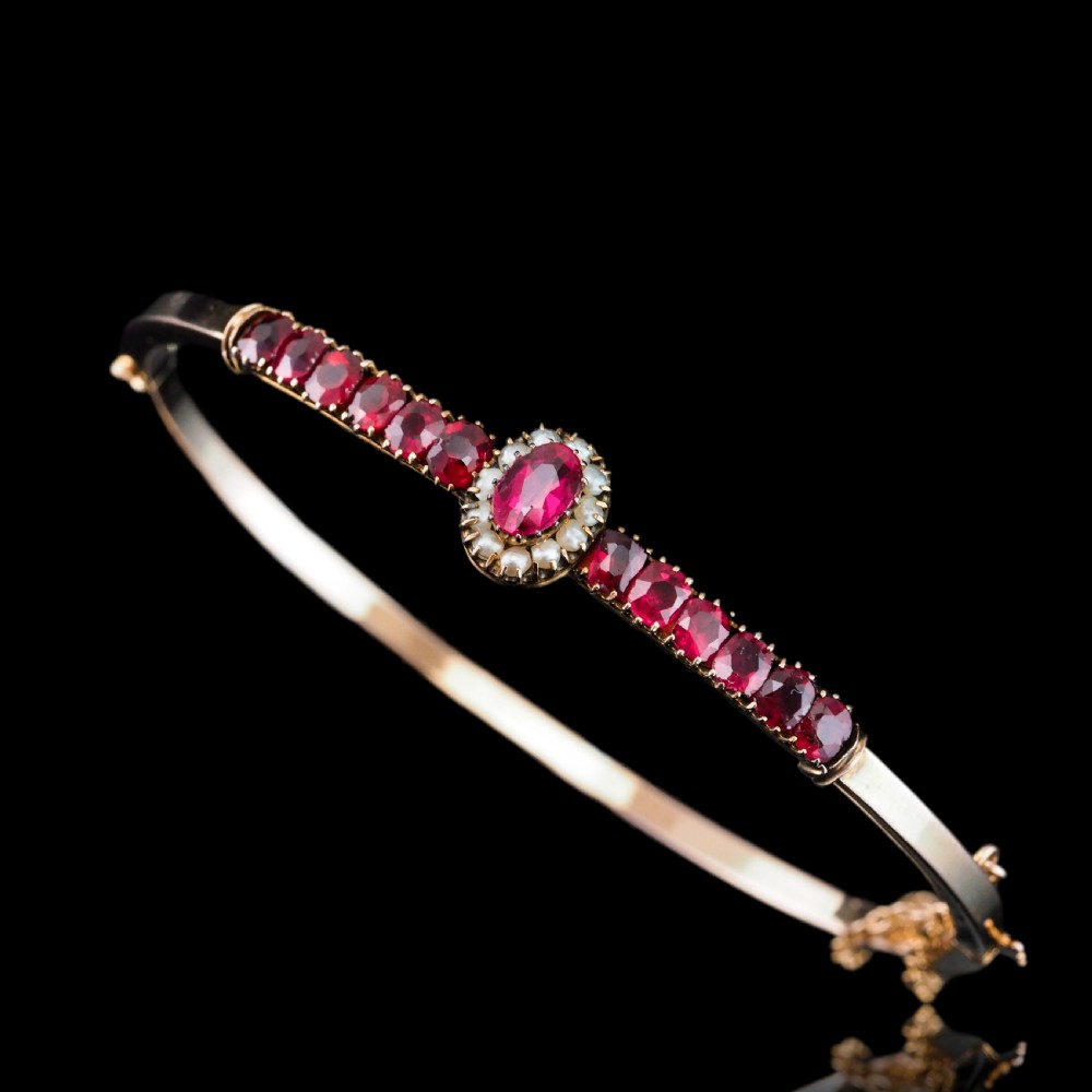 Antique Victorian/Edwardian Pink Garnet & Seed Pearl Bangle 9K Gold - c.1900 View XII