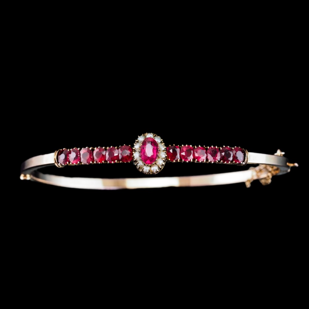 Antique Victorian/Edwardian Pink Garnet & Seed Pearl Bangle 9K Gold - c.1900 View XV