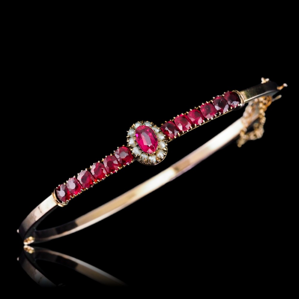 Antique Victorian/Edwardian Pink Garnet & Seed Pearl Bangle 9K Gold - c.1900 View XVI