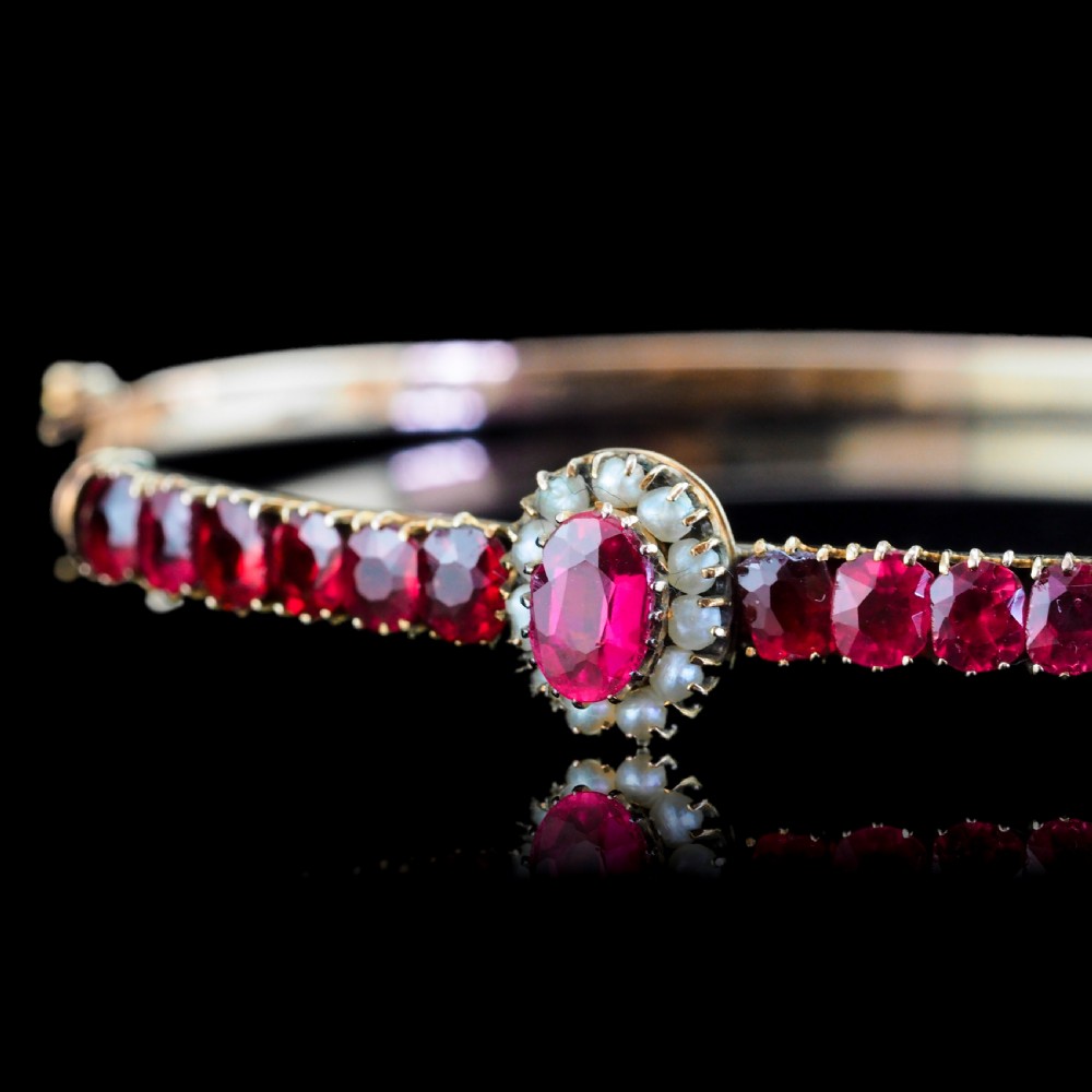 Antique Victorian/Edwardian Pink Garnet & Seed Pearl Bangle 9K Gold - c.1900 View XX