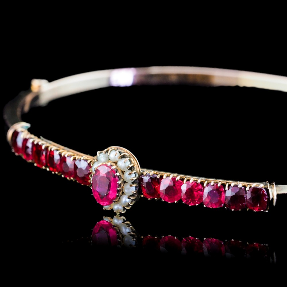Antique Victorian/Edwardian Pink Garnet & Seed Pearl Bangle 9K Gold - c.1900 View XXI