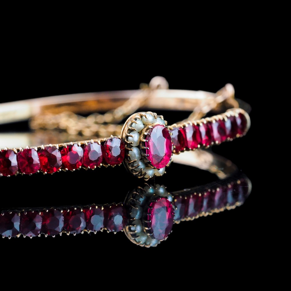 Antique Victorian/Edwardian Pink Garnet & Seed Pearl Bangle 9K Gold - c.1900 View XXII
