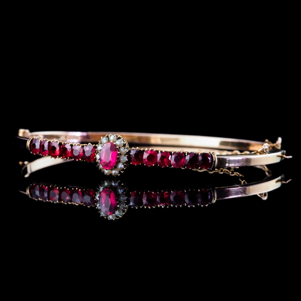 Antique Victorian/Edwardian Pink Garnet & Seed Pearl Bangle 9K Gold - c.1900 View XXIII