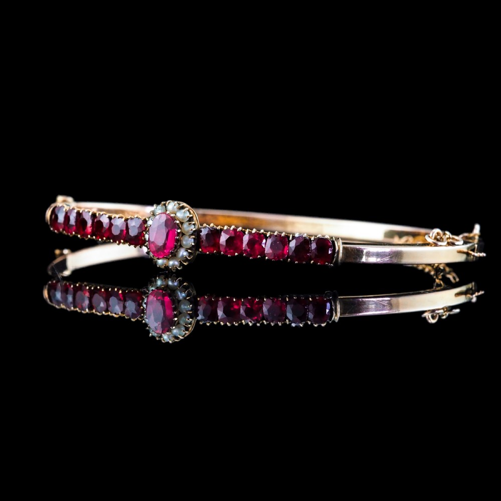 Antique Victorian/Edwardian Pink Garnet & Seed Pearl Bangle 9K Gold - c.1900 View XXV