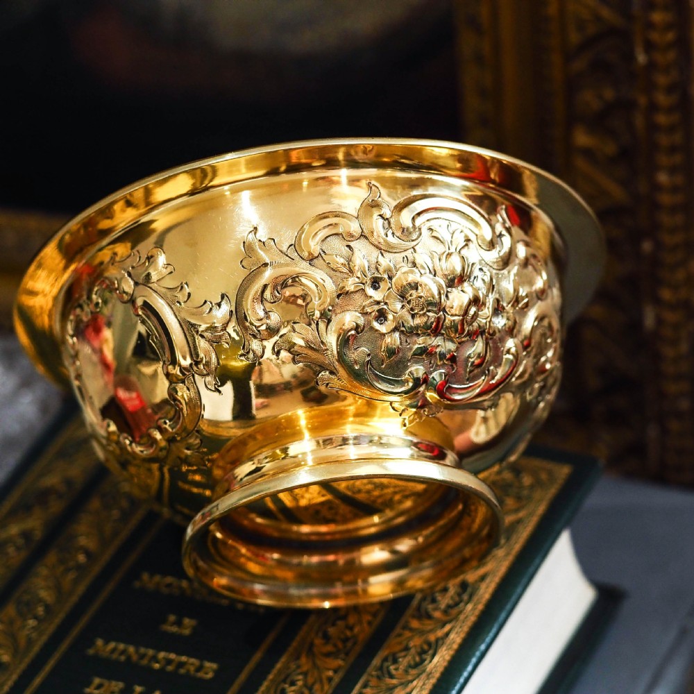 Antique Victorian Solid Silver Gilt Bowl with Ornate Floral Chasing - Henry Wilkinson & Co 1860 View III