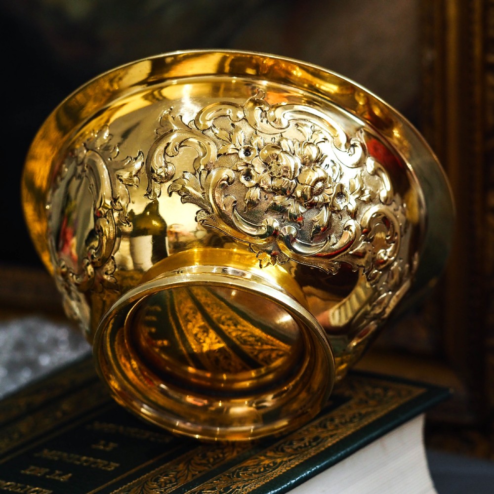 Antique Victorian Solid Silver Gilt Bowl with Ornate Floral Chasing - Henry Wilkinson & Co 1860 View II