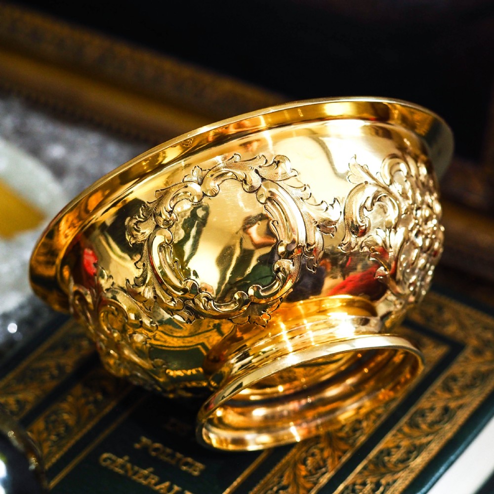 Antique Victorian Solid Silver Gilt Bowl with Ornate Floral Chasing - Henry Wilkinson & Co 1860
