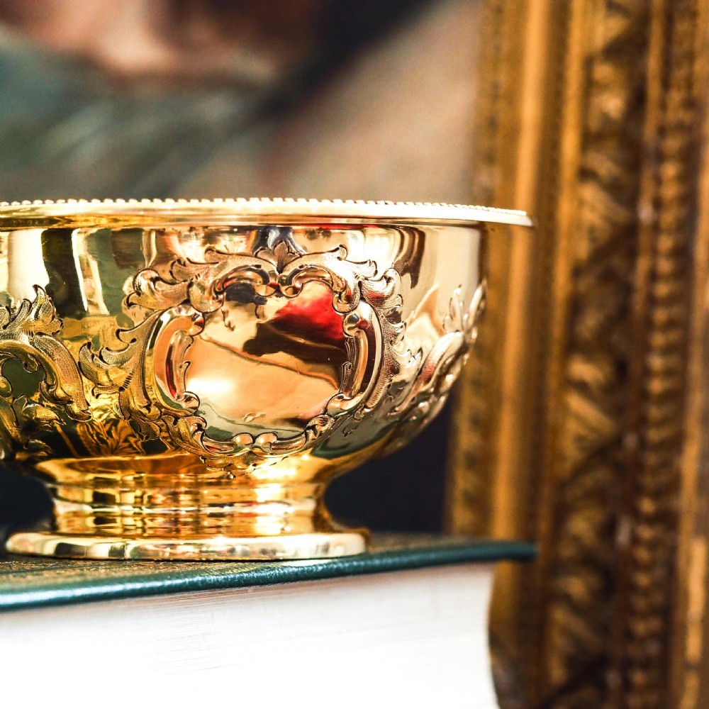 Antique Victorian Solid Silver Gilt Bowl with Ornate Floral Chasing - Henry Wilkinson & Co 1860 View V