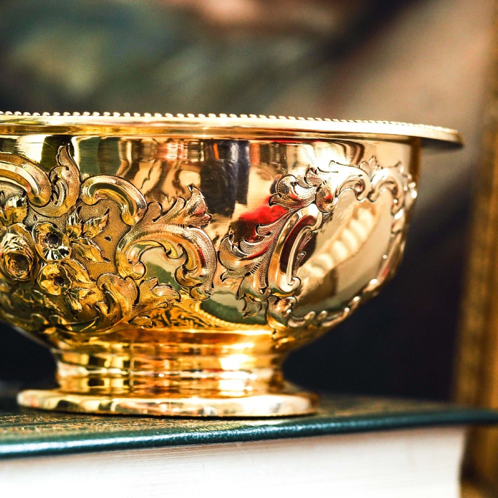 Antique Victorian Solid Silver Gilt Bowl with Ornate Floral Chasing - Henry Wilkinson & Co 1860 View VI