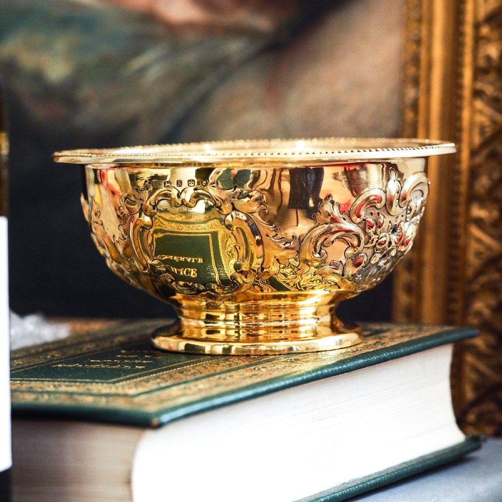 Antique Victorian Solid Silver Gilt Bowl with Ornate Floral Chasing - Henry Wilkinson & Co 1860 View VII