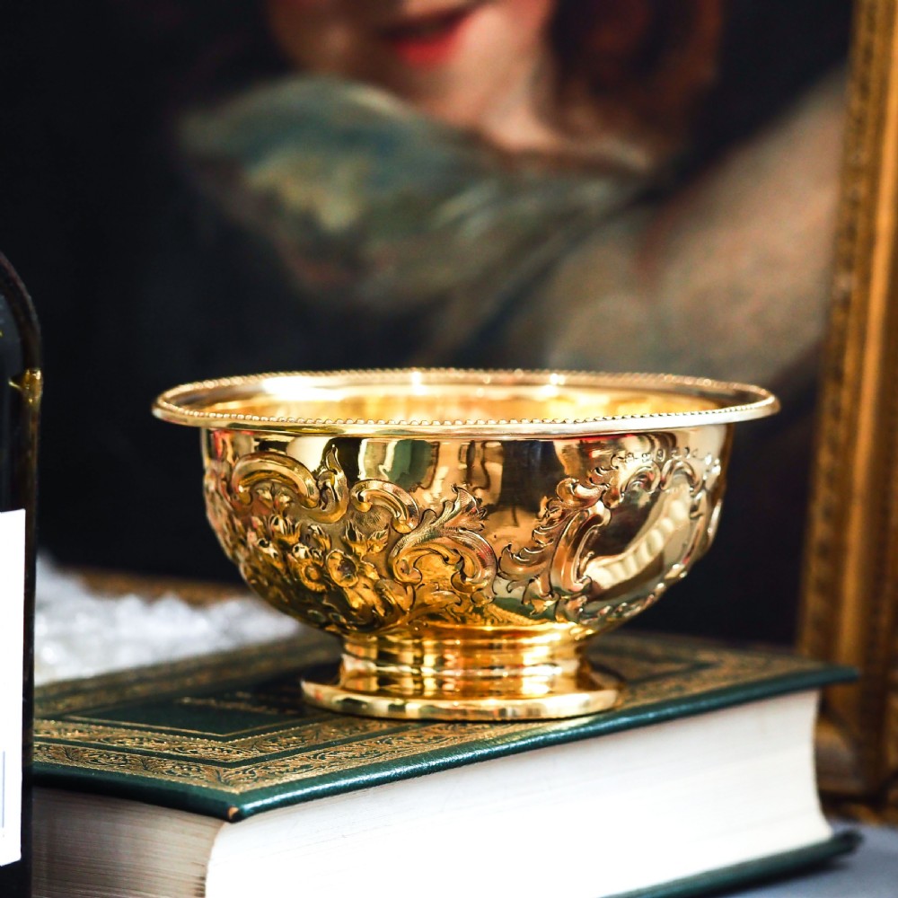 Antique Victorian Solid Silver Gilt Bowl with Ornate Floral Chasing - Henry Wilkinson & Co 1860 View IX