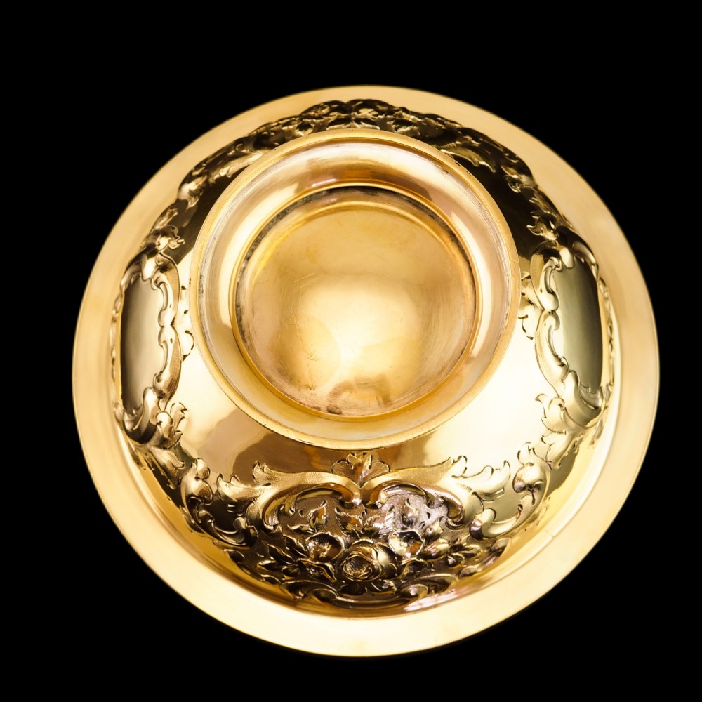 Antique Victorian Solid Silver Gilt Bowl with Ornate Floral Chasing - Henry Wilkinson & Co 1860 View XI