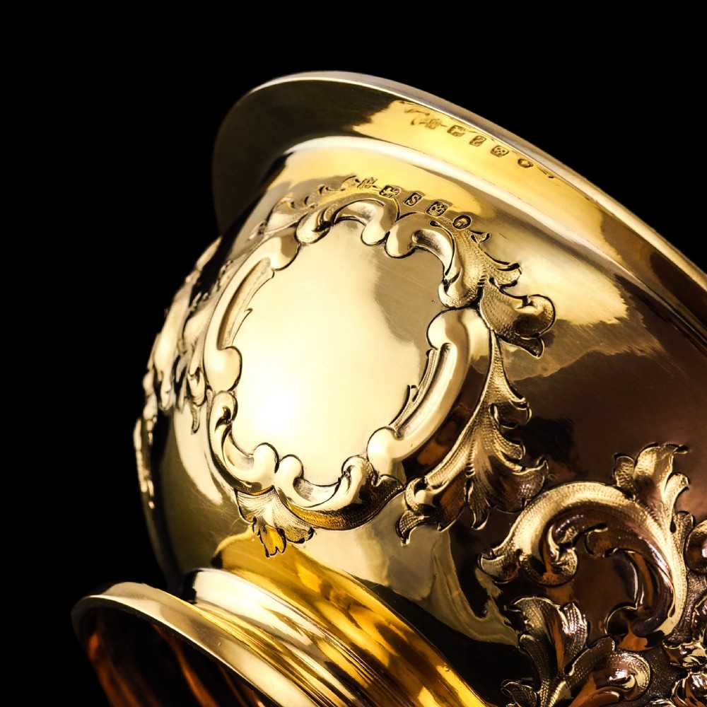 Antique Victorian Solid Silver Gilt Bowl with Ornate Floral Chasing - Henry Wilkinson & Co 1860 View XV