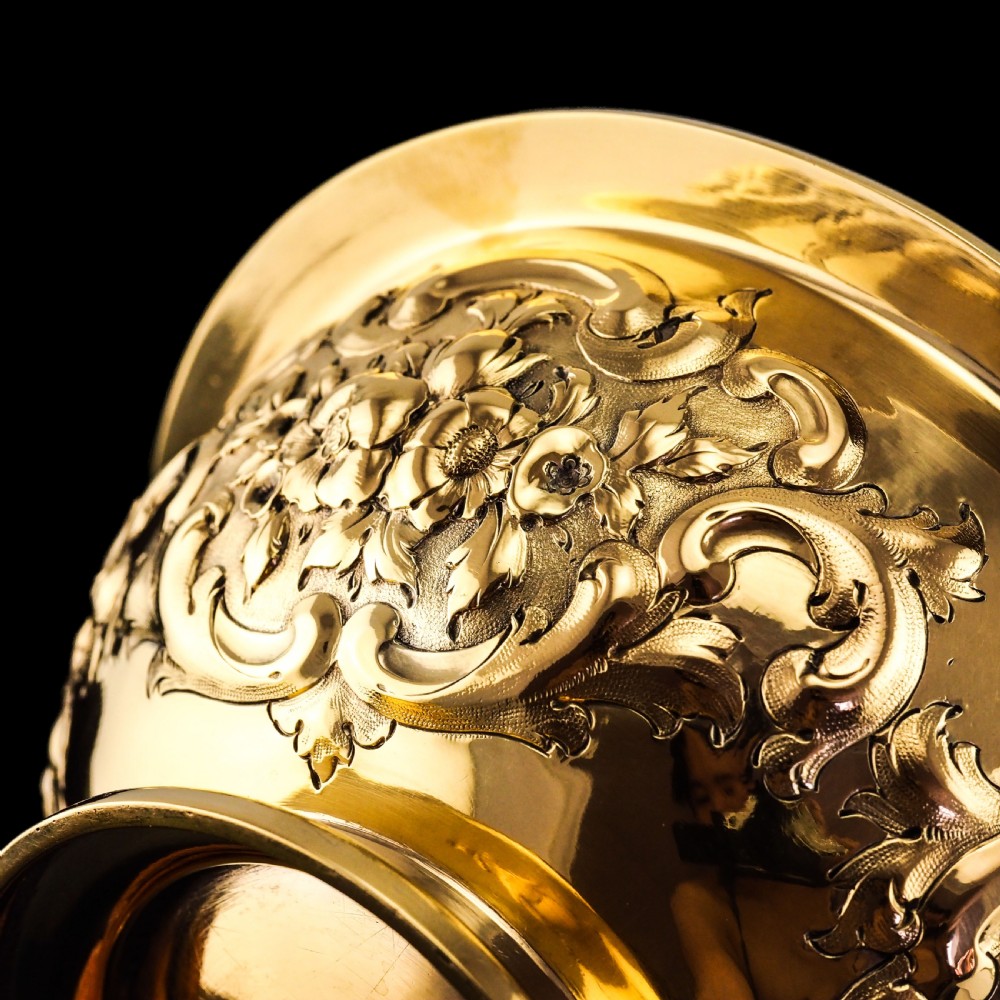 Antique Victorian Solid Silver Gilt Bowl with Ornate Floral Chasing - Henry Wilkinson & Co 1860 View XVI