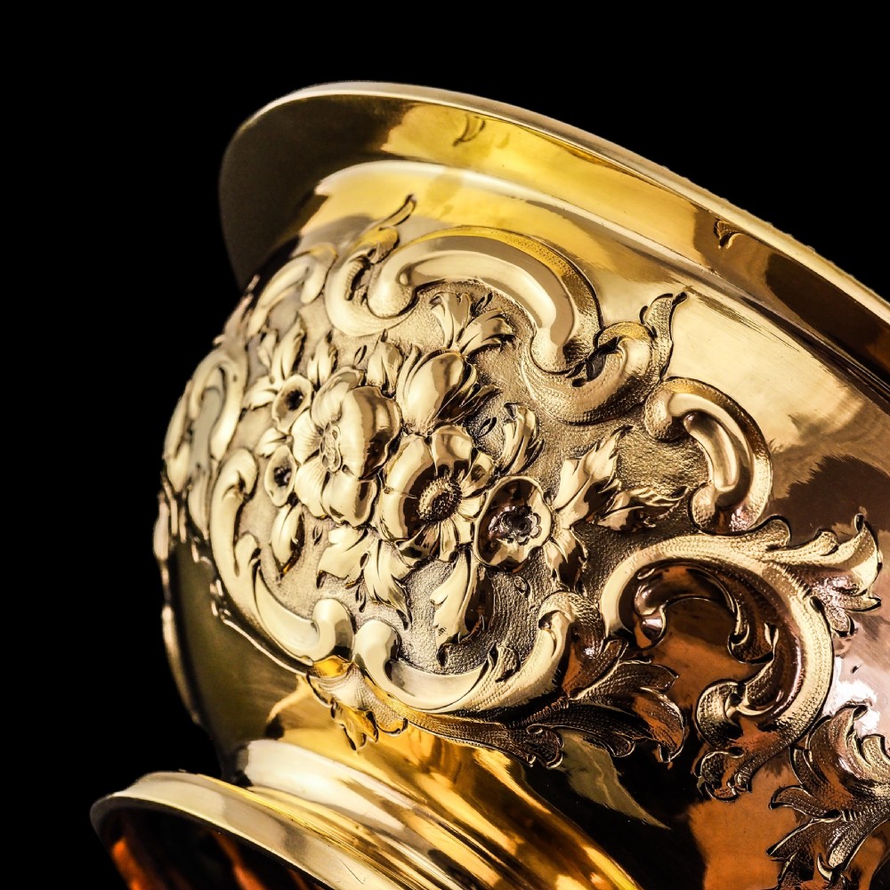 Antique Victorian Solid Silver Gilt Bowl with Ornate Floral Chasing - Henry Wilkinson & Co 1860 View XVII