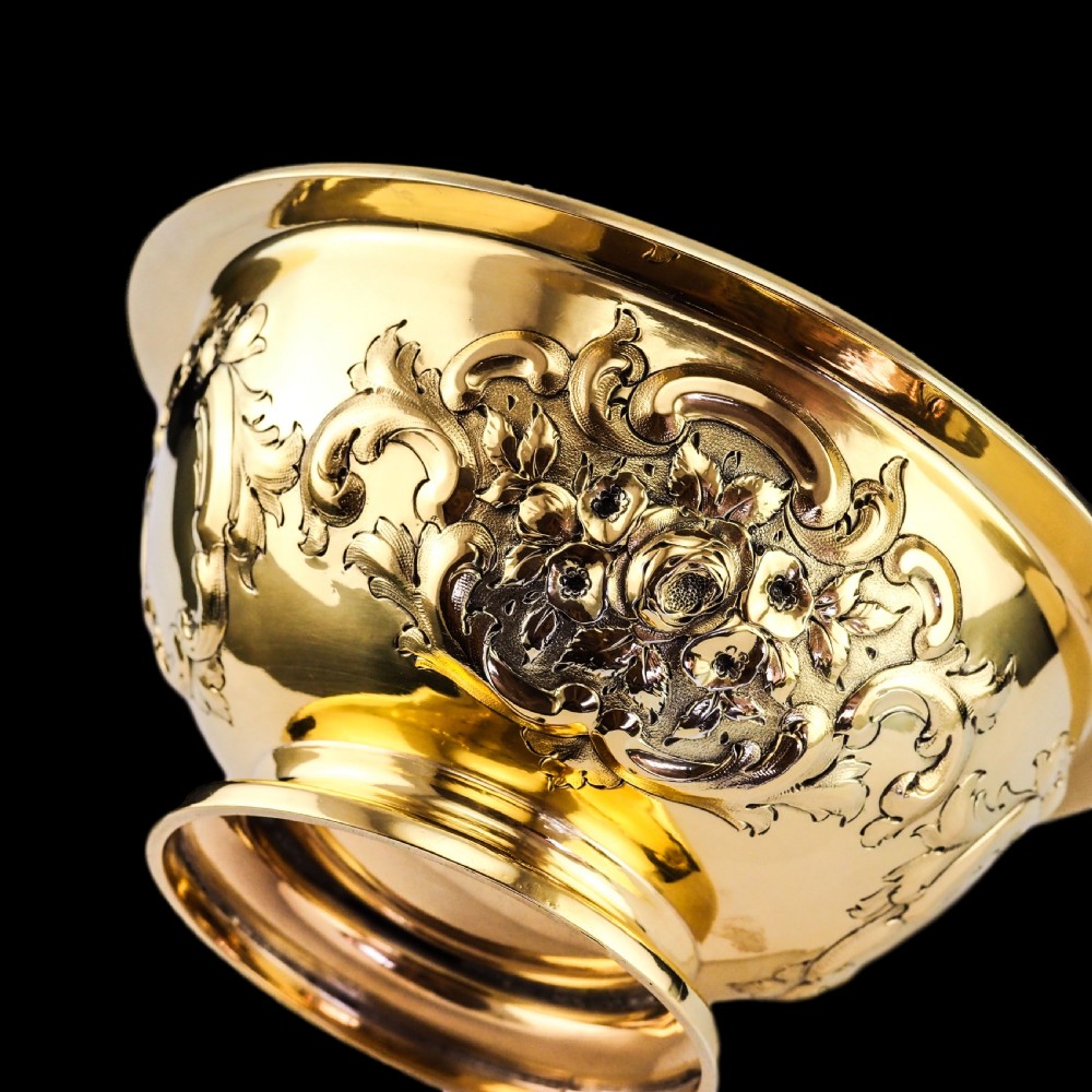 Antique Victorian Solid Silver Gilt Bowl with Ornate Floral Chasing - Henry Wilkinson & Co 1860 View XIX