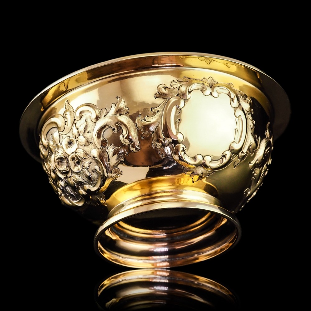 Antique Victorian Solid Silver Gilt Bowl with Ornate Floral Chasing - Henry Wilkinson & Co 1860 View XX
