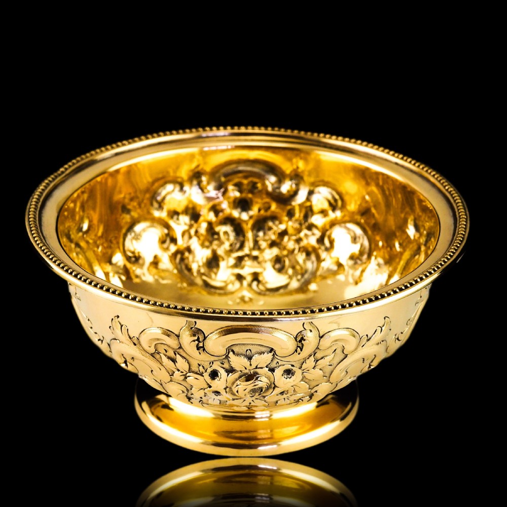 Antique Victorian Solid Silver Gilt Bowl with Ornate Floral Chasing - Henry Wilkinson & Co 1860 View XXI