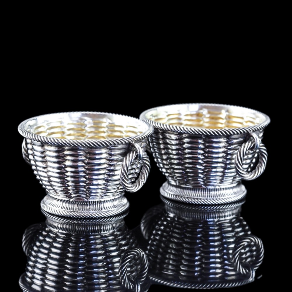 Antique Victorian Solid Silver Salts Basket Weave Design - Robert Hennell 1862