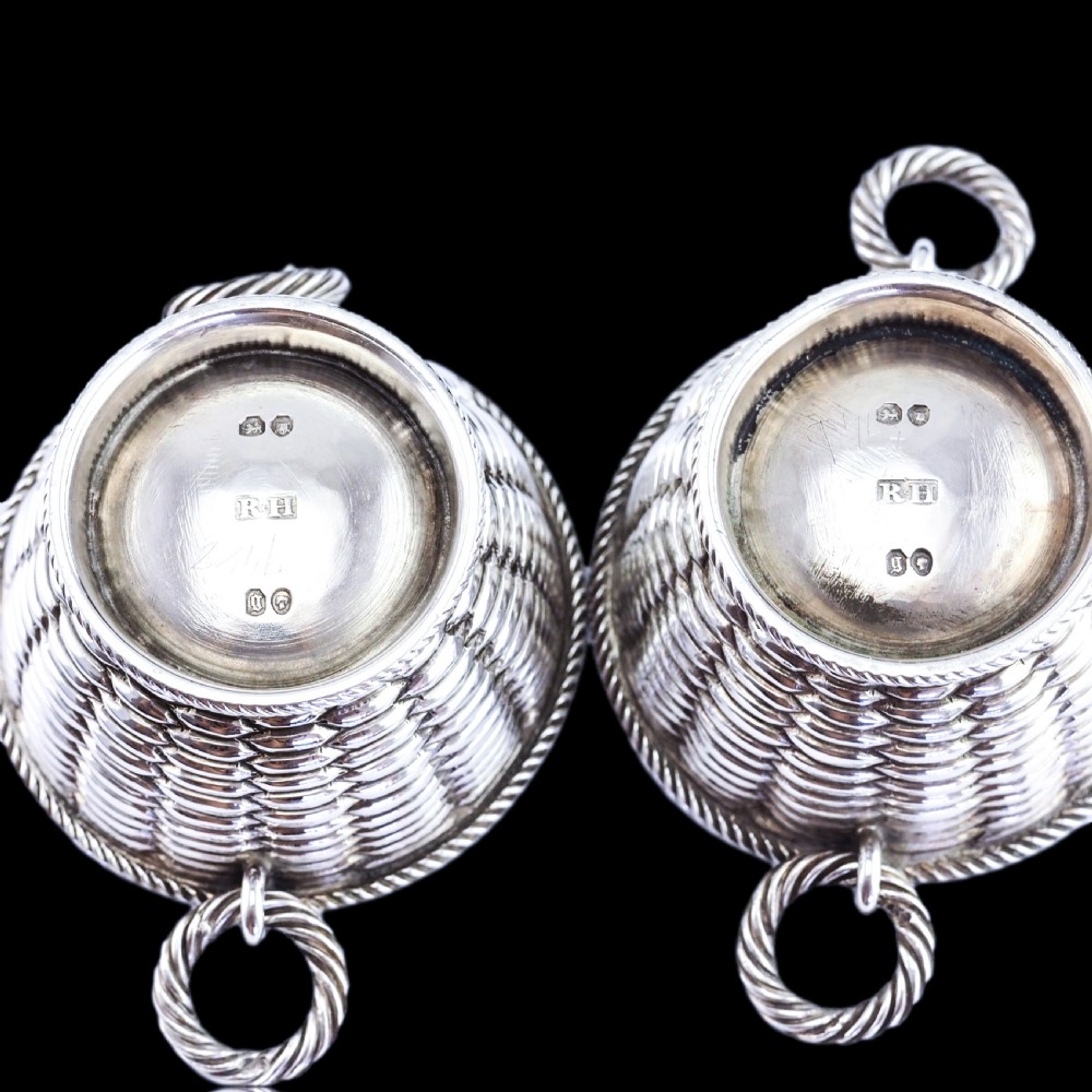 Antique Victorian Solid Silver Salts Basket Weave Design - Robert Hennell 1862 View II