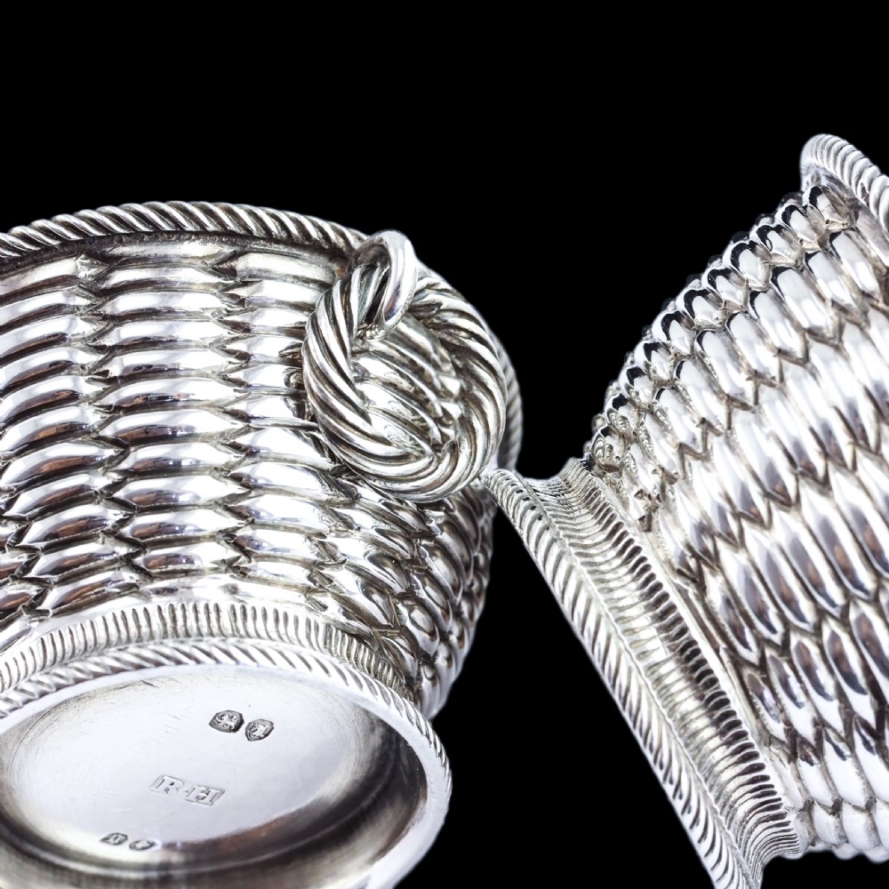 Antique Victorian Solid Silver Salts Basket Weave Design - Robert Hennell 1862 View III
