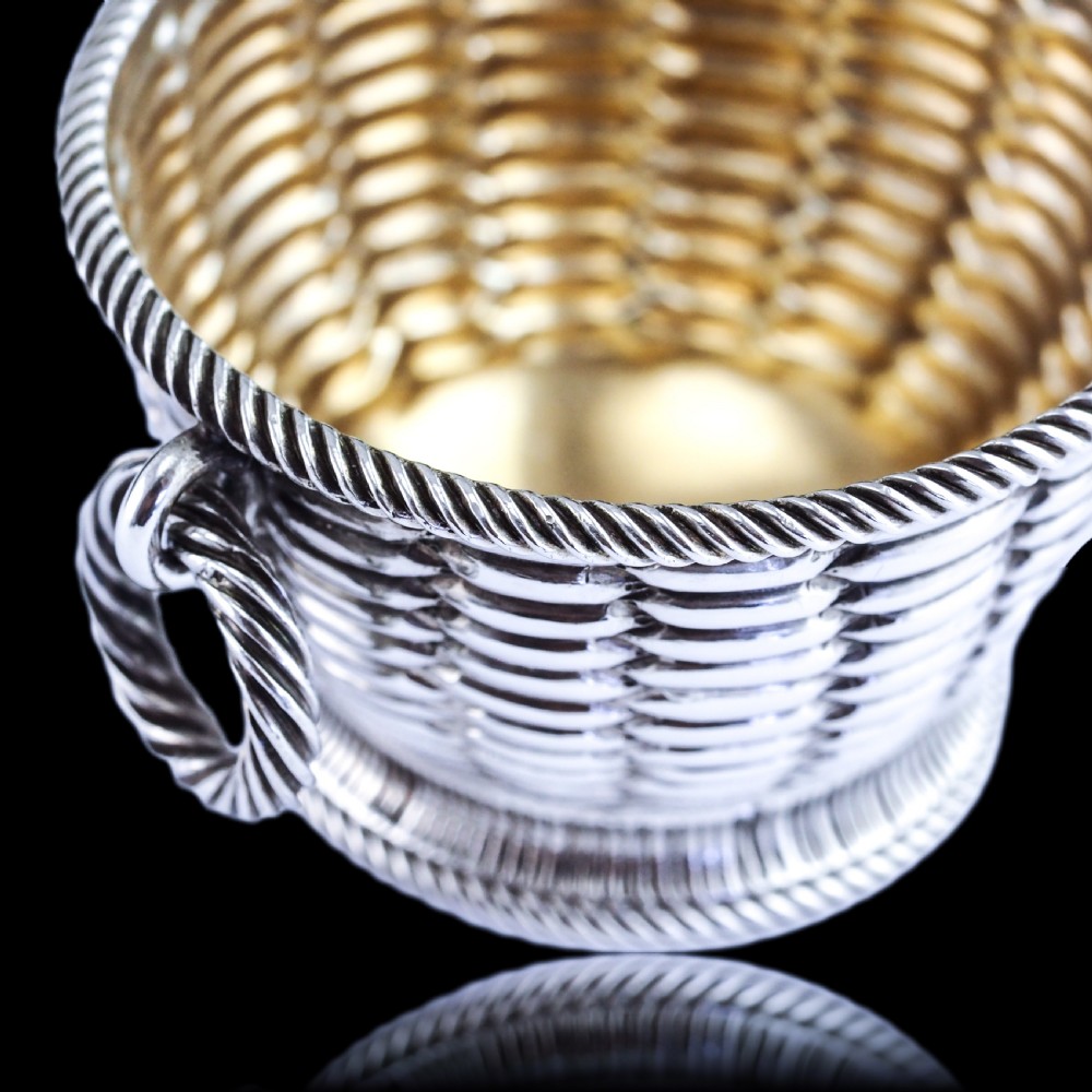 Antique Victorian Solid Silver Salts Basket Weave Design - Robert Hennell 1862 View IV
