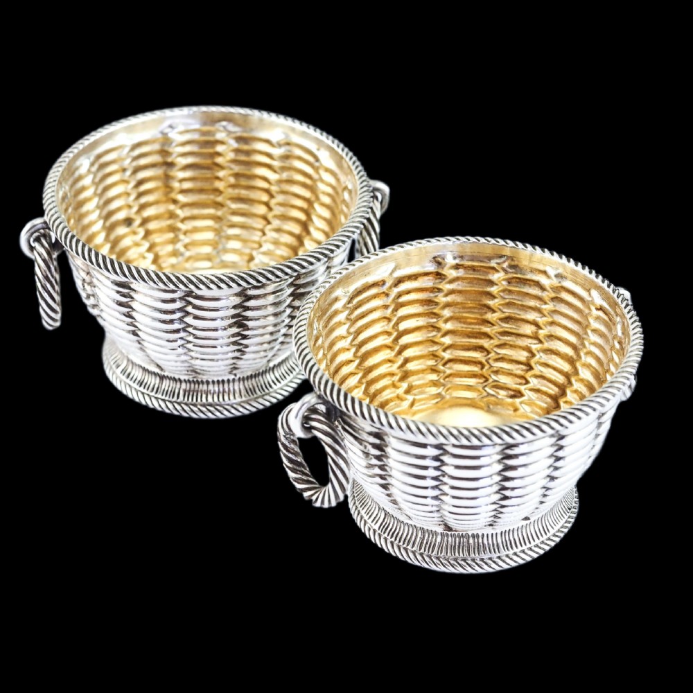 Antique Victorian Solid Silver Salts Basket Weave Design - Robert Hennell 1862 View V