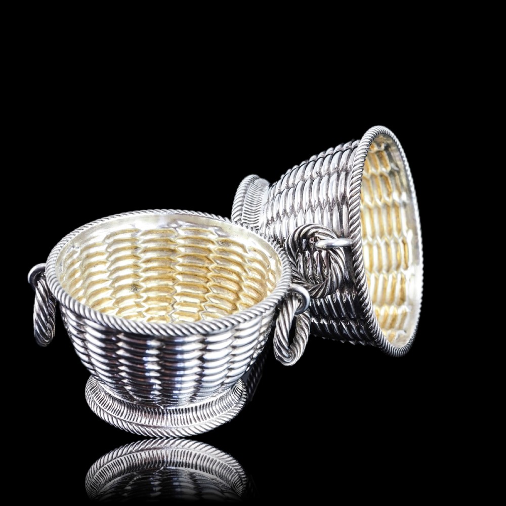 Antique Victorian Solid Silver Salts Basket Weave Design - Robert Hennell 1862 View VI