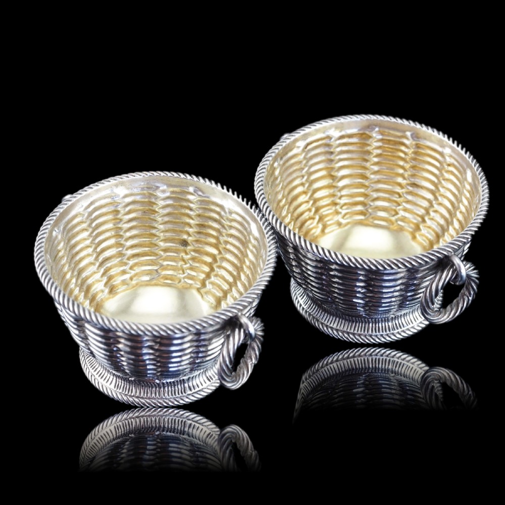 Antique Victorian Solid Silver Salts Basket Weave Design - Robert Hennell 1862 View VIII