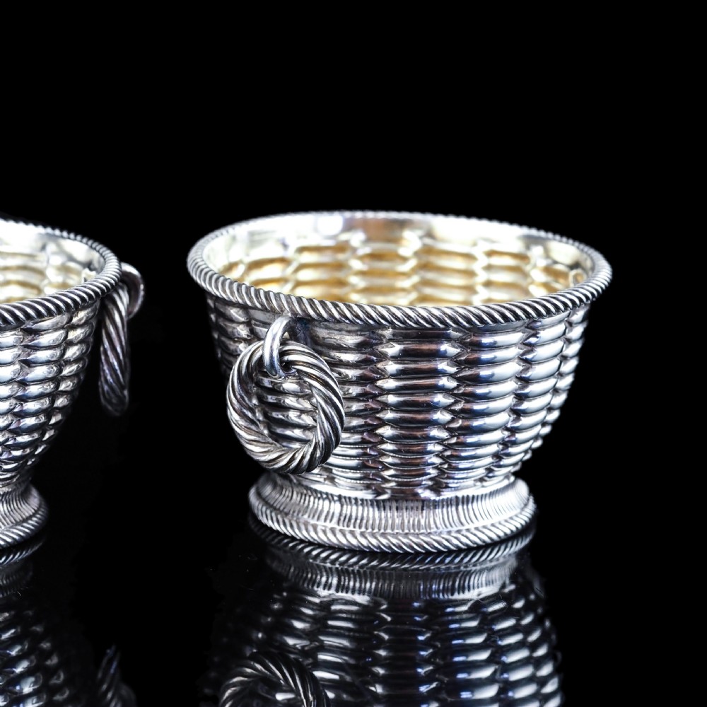 Antique Victorian Solid Silver Salts Basket Weave Design - Robert Hennell 1862 View X