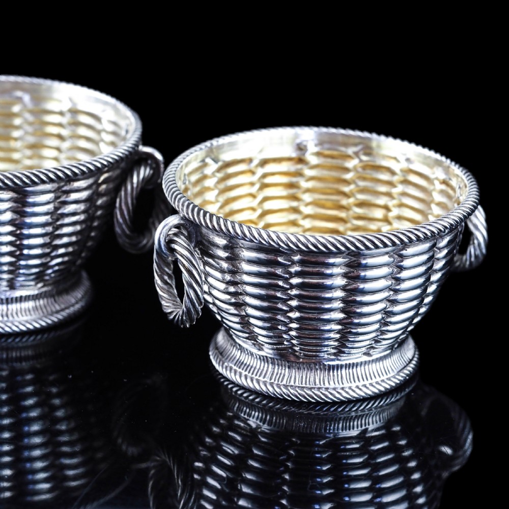 Antique Victorian Solid Silver Salts Basket Weave Design - Robert Hennell 1862 View XI