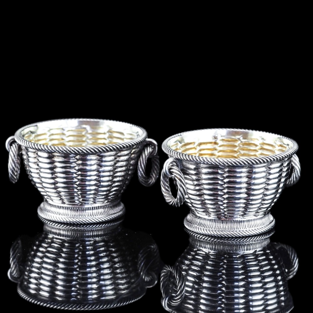 Antique Victorian Solid Silver Salts Basket Weave Design - Robert Hennell 1862 View XII