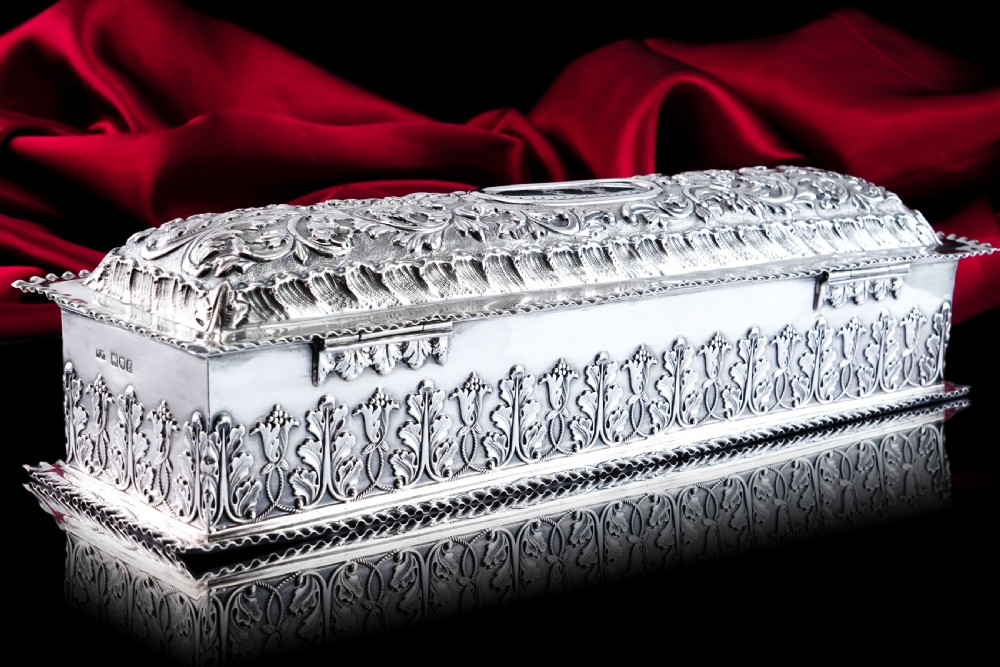 Giant Antique Edwardian Solid Silver Jewellery Box with Profuse Chased Decorations - Mappin & Webb Ltd 1901 View II