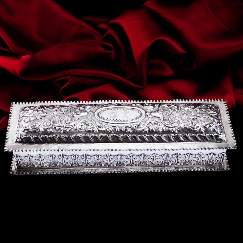 Giant Antique Edwardian Solid Silver Jewellery Box with Profuse Chased Decorations - Mappin & Webb Ltd 1901 View V